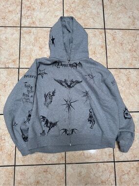 YoungLA Gray Graphic Zip-Up Hoodie with Gothic Motifs